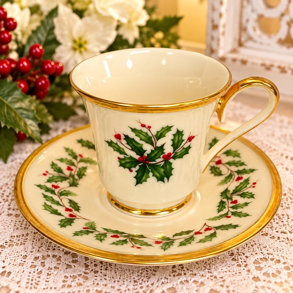 Lenox Holiday Dimension Tea Cup and Saucer Set Ivory Fine China Gold Trim USA